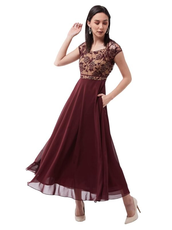 Miss Chase Women's Lavender & Wine V-Neck Cap Sleeves Floral Lace Fit & Flare Maxi Dress