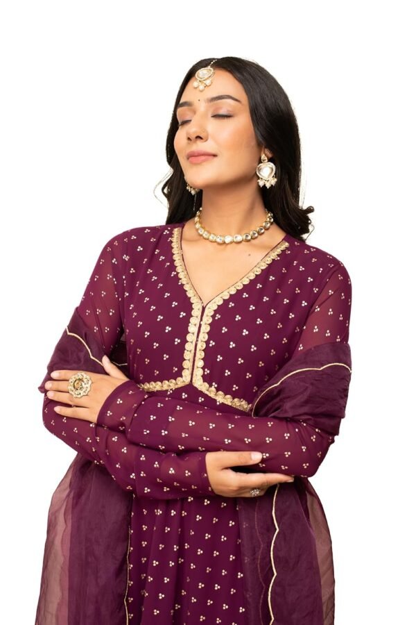 FIORRA Women's Wine Georgette Printed Gown with Dupatta