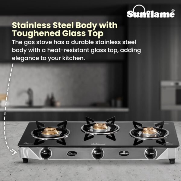 Sunflame Diamond 3 Burner Gas Stove | 2-Years Product Coverage by Sunflame | 1 Medium and 2 Small Brass Burners | Manual Ignition | Ergonomic Knobs | Toughened Glass Top | PAN India Presence