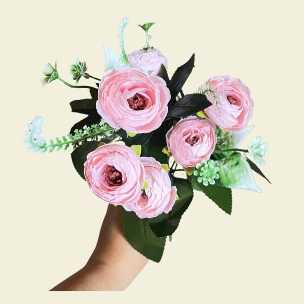 Akaar Decor Artificial Multiflora Flower Peony Roses Fake Sticks Bunch Decorative Items for Home, Room Decoration (1 Bunch) (Without Vase) (Light Pink_Peony)