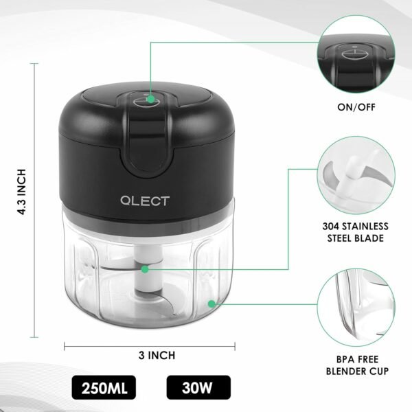 Qlect Electric Vegetable Chopper for Kitchen | Automatic Rechargeable Stainless Steel Blades Cutter | One Touch Operation for Micing Onion Garlic Vegetables Garlic Ginger Meat Dry Fruits (250ml Black)