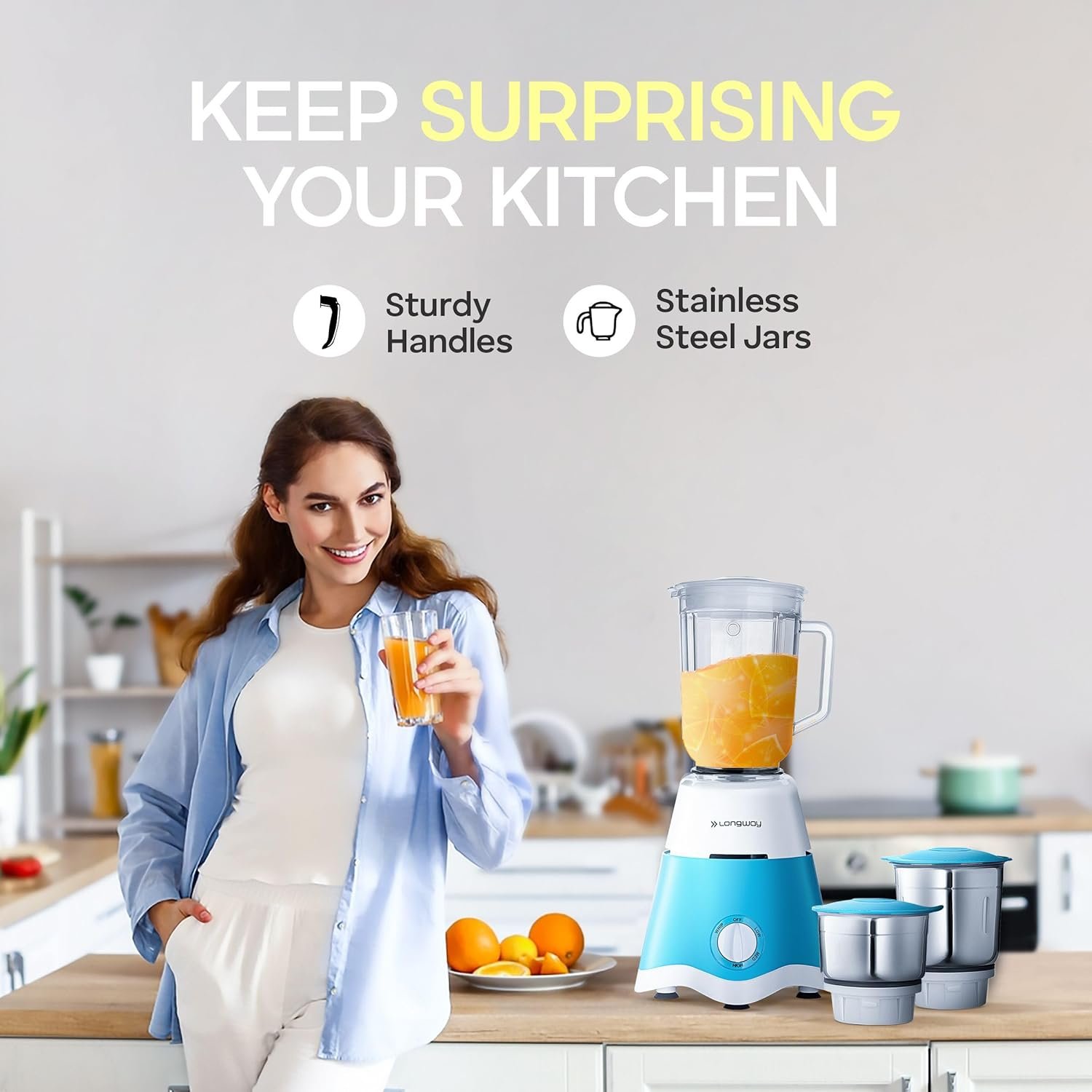 Longway Super Dlx 750 Watt Juicer Mixer Grinder with 4 Jars for Grinding, Mixing, Juicing with Powerful Motor | 1 Year Warranty | (White & Blue, 4 Jars)