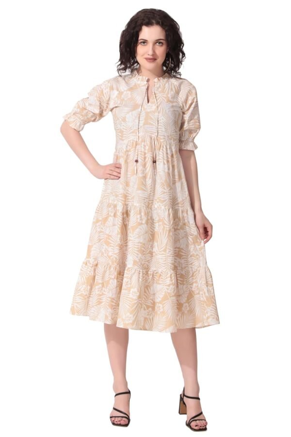 Seryeon® Women's Viscose Tie-up Neck Puff Sleeve A-line, One Piece Midi Dress for Women Stylish Western Printed Dress