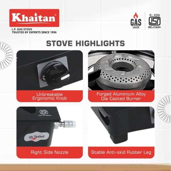 Khaitan Gas Stove Combo - One 4 Burner Active Forge Black Toughened Glass Gas Stove + 1 unit HF Dosa Tawa 250 mm + 1 unit HF Fry Pan 230 mm