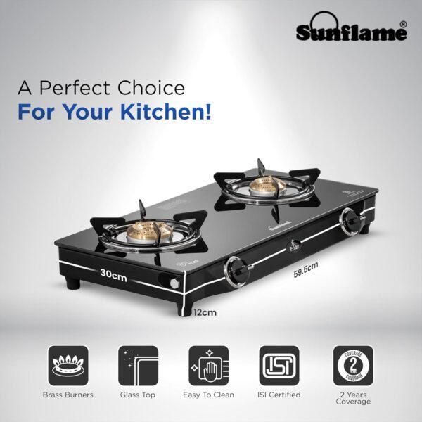 Sunflame Pride 2 Burner Gas Stove | 1 Medium and 1 Small Brass Burners | 2-Years Product Coverage by Sunflame | Ergonomic Knobs | Easy to Maintain l Toughened Glass Top | PAN India Presence| Black