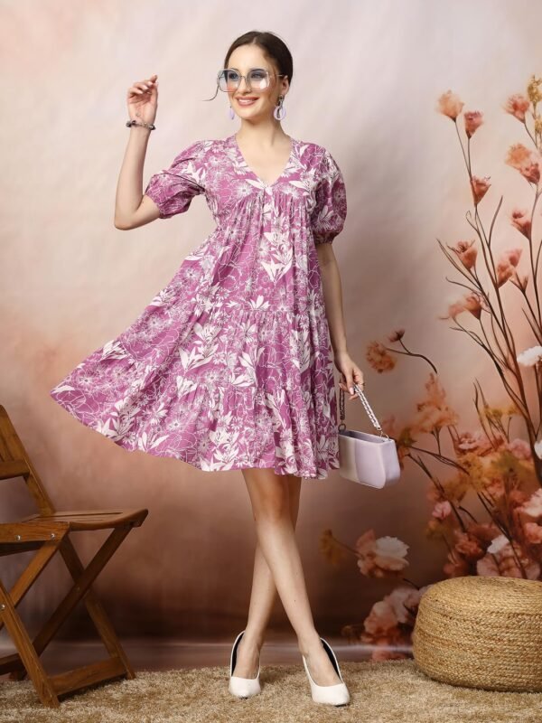 Stylum Women's Tropical Printed Cotton Flared Dress (DRSPURPLEFANTA_Purple)