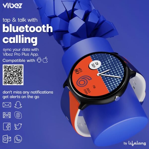 Vibez by Lifelong Fusion Smart Watch for Men & Women, 1.39” HD Display, 360*360 pixels, 550 NITS, BT Calling Smartwatch, Heart Rate Monitoring, SpO2, IP67, Multi Sports Mode (VBSW2277, Orange & Blue)