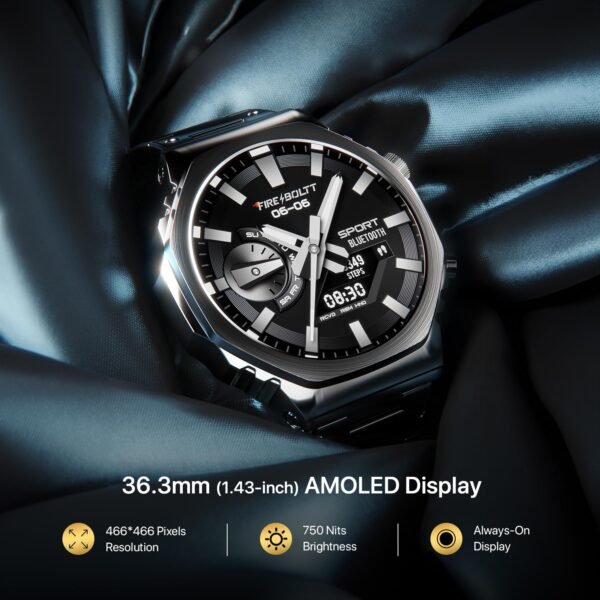 Fire-Boltt Onyx- 36.3mm AMOLED Always On Display Smart Watch, 466 * 466 High Resolution, Bluetooth Calling, Steel Design, IP67, 4GB Storage, 300+ Sports Modes, 130+ Watch Faces (Black)