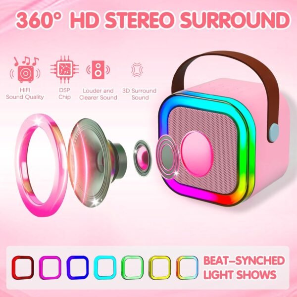 Mini Karaoke Machine, Portable Bluetooth Speaker with 2 Wireless Microphone, Toys for 3-12 Years Old Boys Gifts, Kids Karaoke Microphone Machine Toy for Party/Meeting/Adults/Kids (Pink)