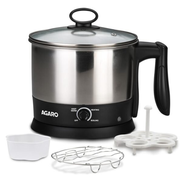 AGARO Esteem Electric Multi Kettle 1.2L, 600W, with Stainless Steel Body, Egg Rack, Grill Rack, 3 Heating Modes & Rapid Boil Technology, Boiling Water and milk, Tea, Coffee, Oats, Noodle, Soup