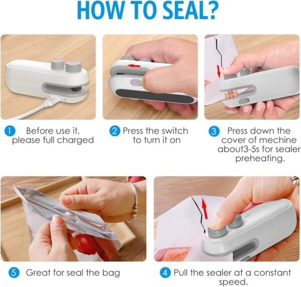 sealing machine, mini portable packet sealer, sealing machine for plastic packaging bag, sealer for plastic bags, food vacuum usb packing cover heat seal machine for kitchen, home- 1 YEAR Warranty