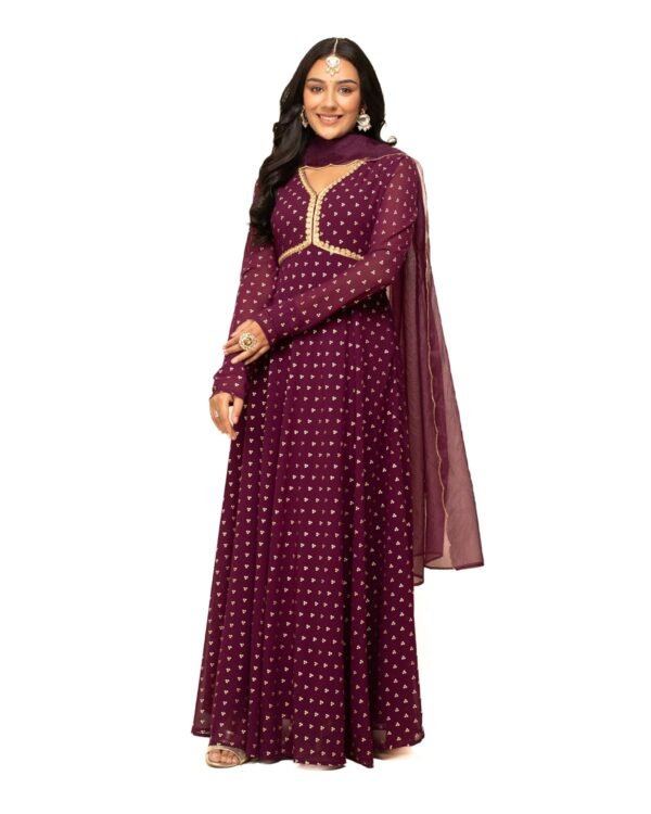 FIORRA Women's Wine Georgette Printed Gown with Dupatta