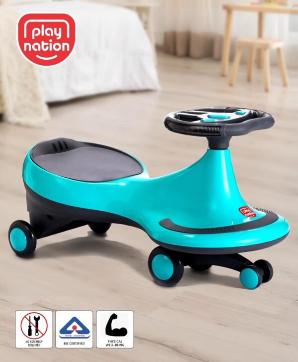 Play Nation Premium Kids Swing Car with Light & Music for 3 to 5 Years Kids, Magic Twister Ride, Toy Car with Scratch Free PU Wheels, Push Ride on Baby Car, 100 Kgs Weight Capacity, Boy, Girl (Blue)