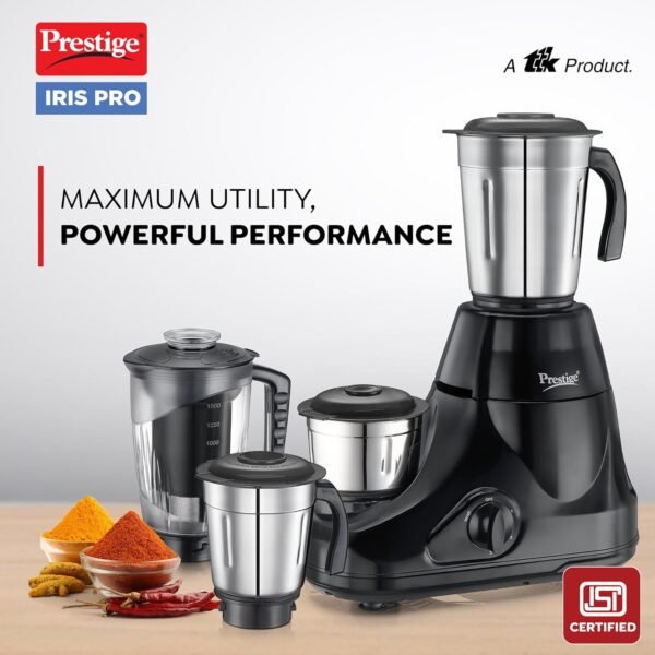 Prestige Iris Pro 750 Watts Mixer Grinder with 4 Jars (3 Stainless Steel Jars + 1 Juicer Jar)|4 Super-Efficient Stainless Blades |Jar Storage Space Sturdy Handles |2 Years Warranty |Black