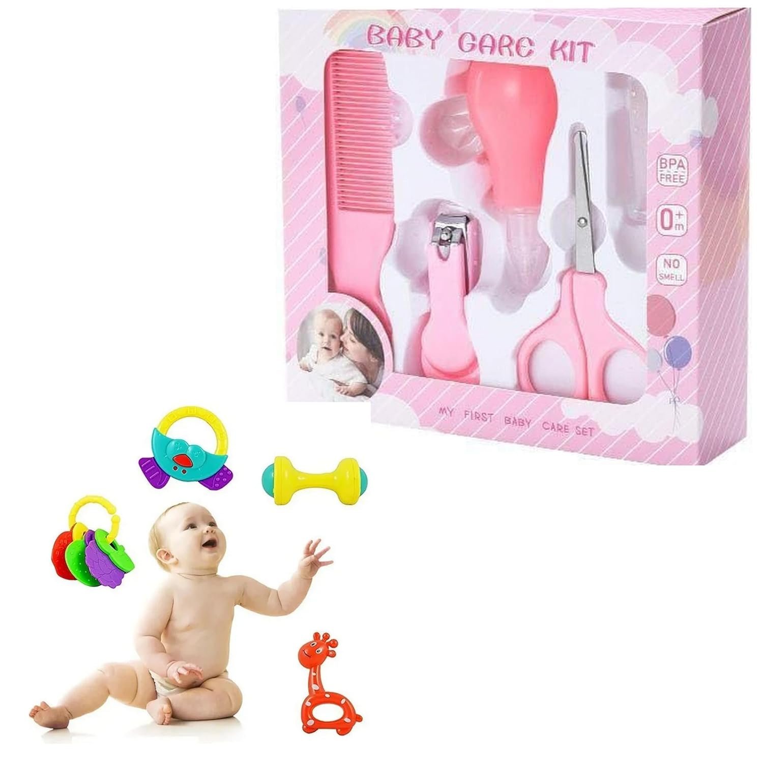 utsub New Born Grooming kit,Gift Set, Healthcare, Baby Care Baby Finger Teeth Brush Comb Set with Soft Toy Rattle Hair Care Products for Babies & Infants 0-12 Months (Pack of 9, Pink)