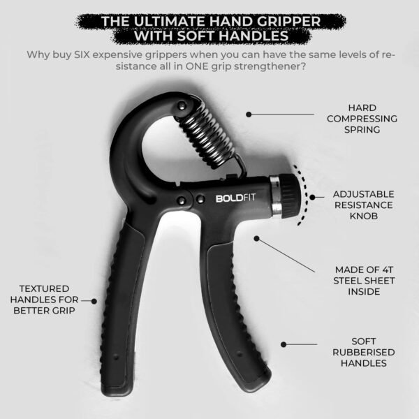 Boldfit Adjustable Hand Grip Strengthener, Hand Gripper for Men & Women for Gym Workout Hand Exercise Equipment to Use in Home for Forearm Exercise, Finger Exercise Power Gripper (5-60 Kg) Black