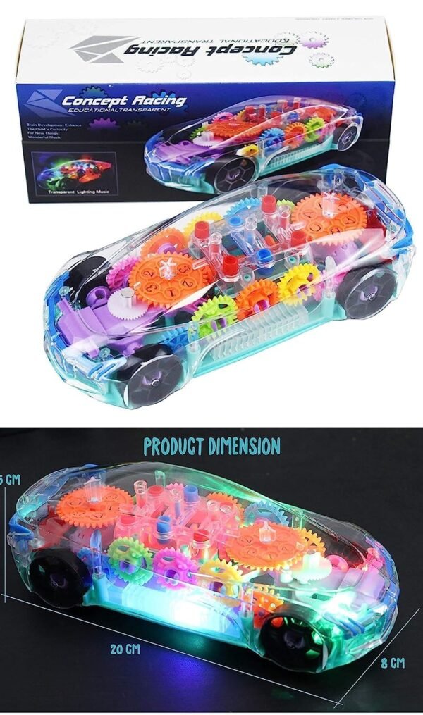 Umadiya® Branded 3D Transparent Mechanical Car Toy for Kids with Gear Technology 3D Light Musical Sound & 360 Degree Rotation (Gear Car)
