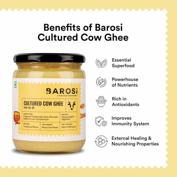 Barosi Premium Cultured Desi Cow Ghee 500 ml | Vedic Bilona Method | Churned from Curd | Pure & Natural | Farm Made in Small Batches | Glass Jar Packing