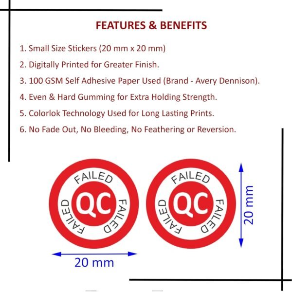 Suvigya QC Fail Stickers for Quality Check, Small Size 20x20 mm Paper Labels, Red, 500 Stickers