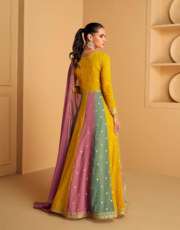 Miss Ethnik Women's Yellow Faux Georgette Stitched Top with Dupatta Full Sleeve Embroidered Anarkali Gown (ME-1183)