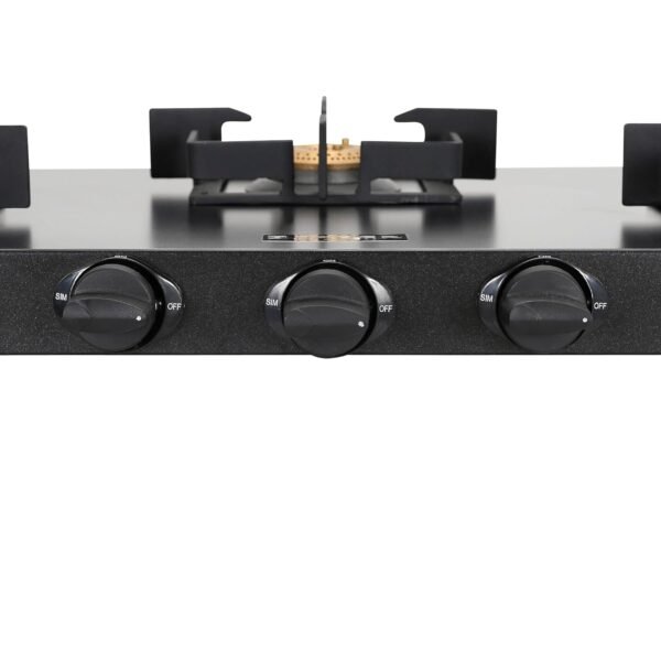 Faber Roma 3 Burner Gas Stove | 2.0.mm MS Frame Body with Diamond Coated Finish | 3 Brass Burners | Diamond Coated Pan Support & Drip Tray, Heat Resistant Metal Knobs, Manual Ignition, Black