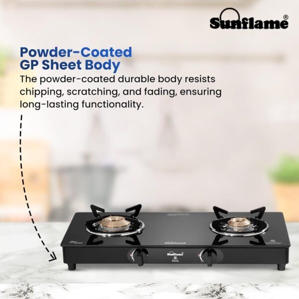 Sunflame Crystal Nova 2 Burner Gas Stove | Dual Drip Trays | 1 Jumbo and 1 Small Brass Burners | 2 Years Product Coverage by Sunflame | Manual Ignition | Toughened Glass Top | PAN India Presence