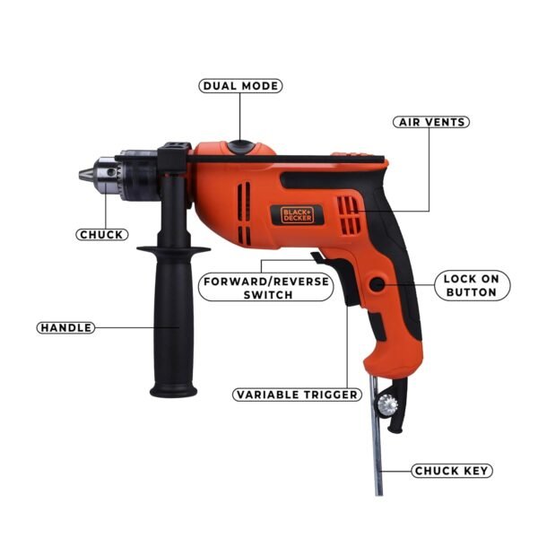 BLACK+DECKER BED550-IN 550 W, 13mm Corded Variable Speed Ergonomic Reversible Hammer Drill with Lock On Button For Home & DIY Use for Masonry, Steel & Wood, 1 Year Warranty, ORANGE & BLACK