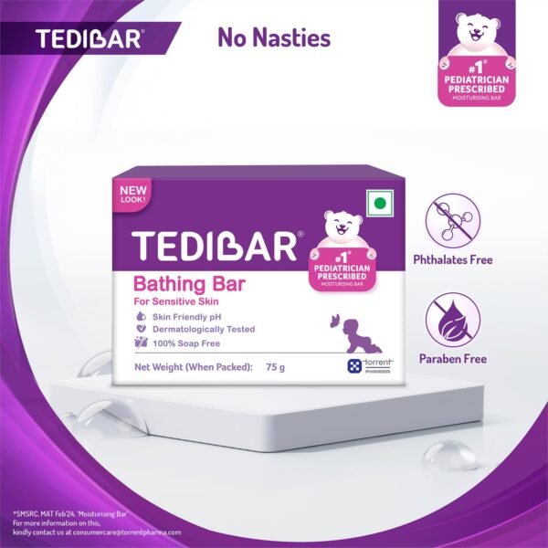 Tedibar Moisturising Baby Bathing Bar 75g (Pack of 1) 100% Soap Free No. 1* Pediatrician Prescribed Moisturising Bar - By Torrent Pharma