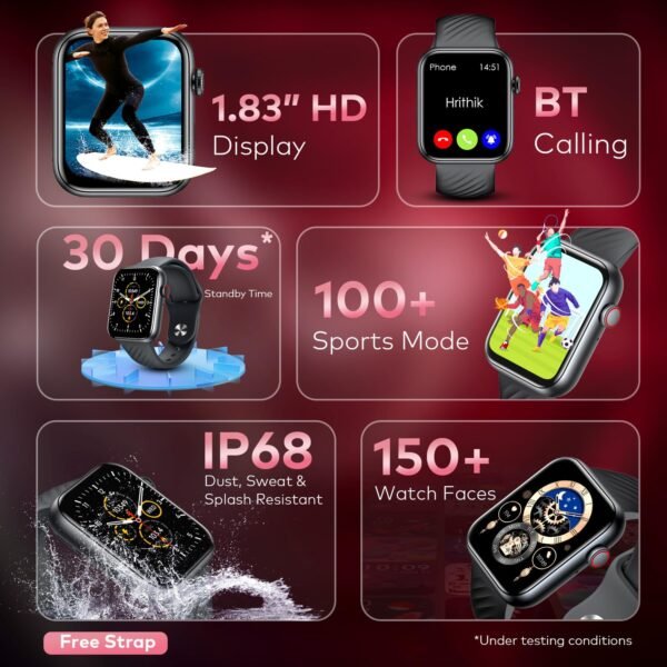 itel ICON-2 Smartwatch with BT Calling, 1.83" HD Display, 550 nits Peak Brightness, Functional Crown, IP68, 150+ Watch Faces, 24Hr Health Monitor and Voice Assistant (Black)