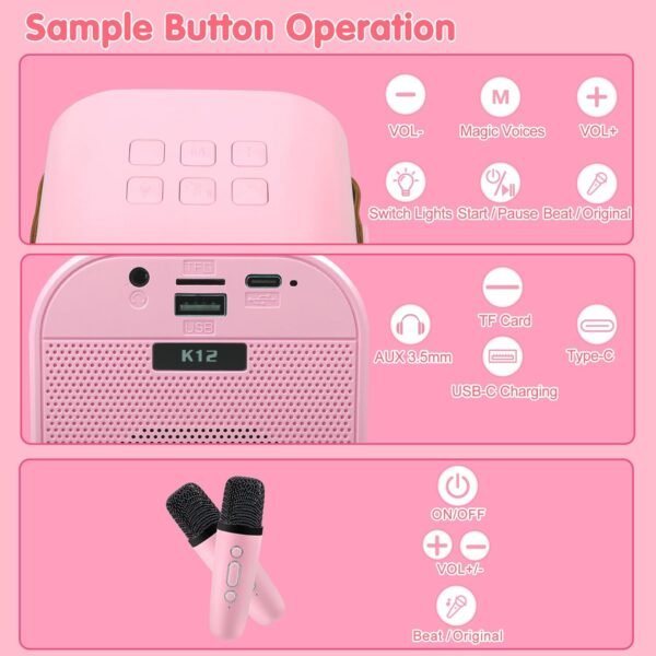 Mini Karaoke Machine, Portable Bluetooth Speaker with 2 Wireless Microphone, Toys for 3-12 Years Old Boys Gifts, Kids Karaoke Microphone Machine Toy for Party/Meeting/Adults/Kids (Pink)