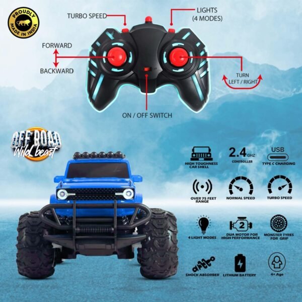 Popsugar Off Roader Rechargeable Remote Control Car | Monster Truck with 2 Speeds | 4 Headlight Modes | Lithium Battery | C-Type Charging | Remote Control Car for Kids | Made in India, Blue