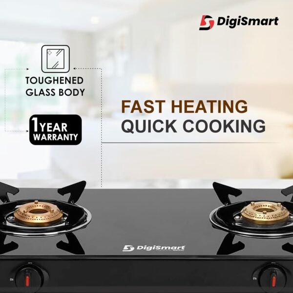 DIGISMART Gas Stove 2 Burners Toughened Glass Top | Spill Tray | Automation Ignition | Ergonomic Knobs | Tri-Pin Brass Burners Ignition Cooktop ISI Certified LPG Gas Stove come with 1 Year warranty