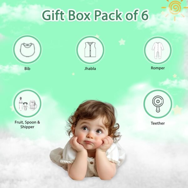 Kidbea Premium Baby Care Festive Gift Set Romper, Bib, Teether & Feeders Pack of 6 (Assorted)