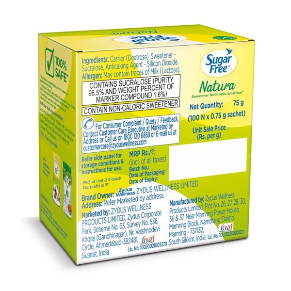Sugar Free Natura, 100 Sachet | Equivalent to Sweetness from 1Kg Sugar |100% Safe| Scientifically Proven & Tested|Sweet like Sugar but with zero calories| 75 g