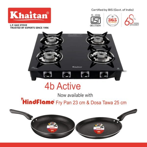 Khaitan Gas Stove Combo - One 4 Burner Active Forge Black Toughened Glass Gas Stove + 1 unit HF Dosa Tawa 250 mm + 1 unit HF Fry Pan 230 mm