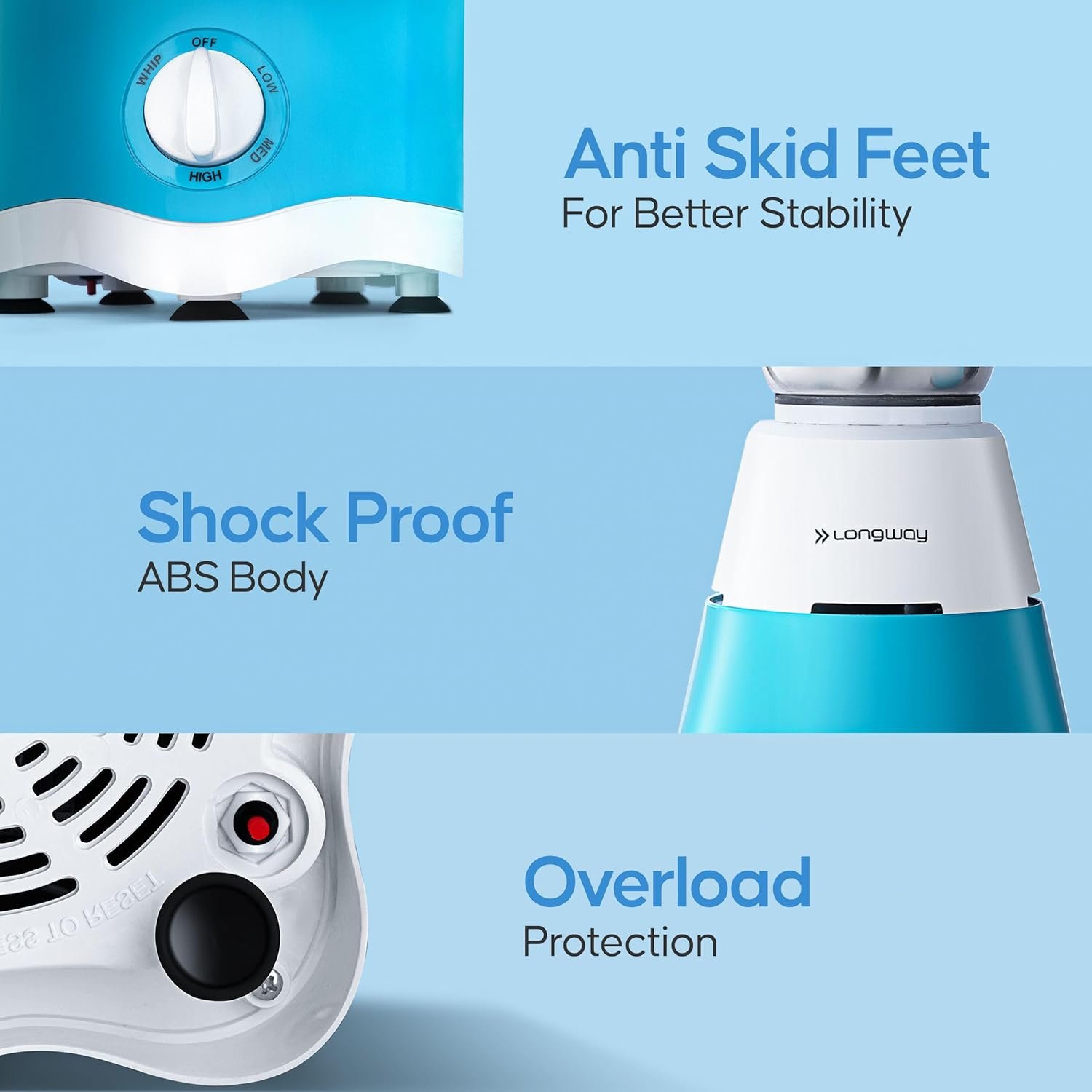 Longway Super Dlx 750 Watt Juicer Mixer Grinder with 4 Jars for Grinding, Mixing, Juicing with Powerful Motor | 1 Year Warranty | (White & Blue, 4 Jars)