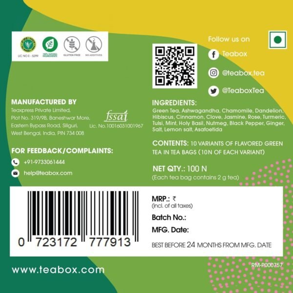 Teabox Darjeeling Green Tea Sampler Bags 100 Tea Bags (10pcs X 10 flavors) | 100% Natural | 0% Bitterness | Immunity Boosting Sampler Pack | From The Himalayas