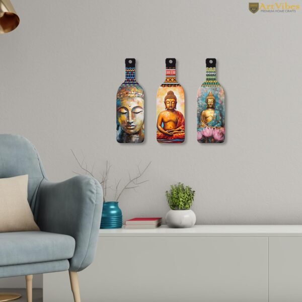 Artvibes Meditating Gautam Buddha Wooden Wall Hanging for Home Decor | Decoration Items for Livingroom | Art Item for Office | Decorative Mdf Wall Hanger Artwork (WH_9507N), (Set of 3)