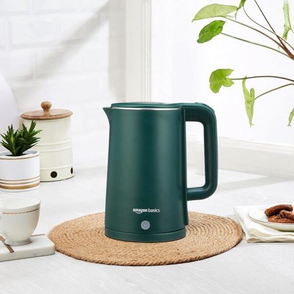 Amazon Basics 1.5L Cool Touch Electric Kettle | 1500 Watt | Stainless Steel Body | Auto Cut-Off | Triple Safety Protection (Green)