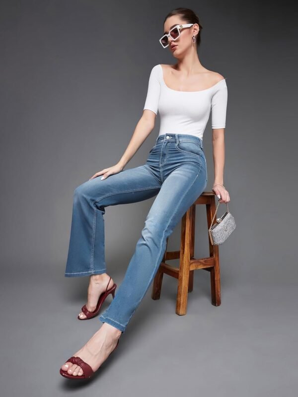 Miss Chase Women's Wide-Leg Mid Rise Clean Look Regular Length Blast Effect Denim Jeans