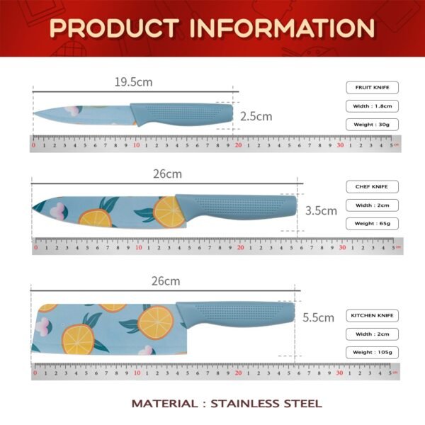 Knife Set for Kitchen ^ Professional 3 Pieces High Carbon Stainless Steel Colour Printed Coated Chef Knife I Utility Knife I Sontuku Knife I Kitchen Knives with Ergonomic Handle (Light Blue)