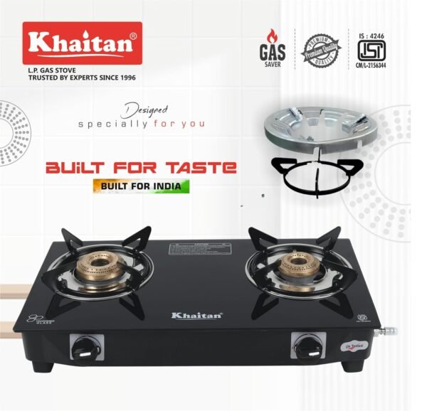 Khaitan 2 Burner Nano Black Toughened Glass | LPG Cooktop I Manual Ignition Stove | Ergonomic I Gas Stove Combo - 2B Nano + Hindflame (Pack of 2) Gas Saver Stand Premium Silver Colour