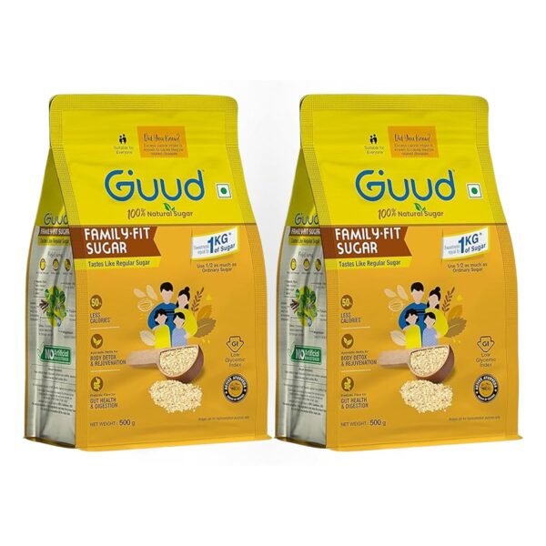 GUUD - Family Fit Healthy Sugar 500 grams | Pack of 2 | ½ use for same sweetness | 50% Less Calories than Regular Sugar | Low Glycemic Index and Sulphur Free | 100% Natural | Enriched with Herbs