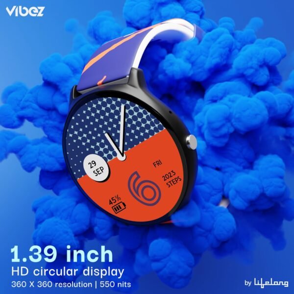 Vibez by Lifelong Fusion Smart Watch for Men & Women, 1.39” HD Display, 360*360 pixels, 550 NITS, BT Calling Smartwatch, Heart Rate Monitoring, SpO2, IP67, Multi Sports Mode (VBSW2277, Orange & Blue)