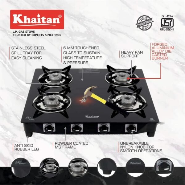 Khaitan Gas Stove Combo - One 4 Burner Active Forge Black Toughened Glass Gas Stove + 1 unit HF Dosa Tawa 250 mm + 1 unit HF Fry Pan 230 mm