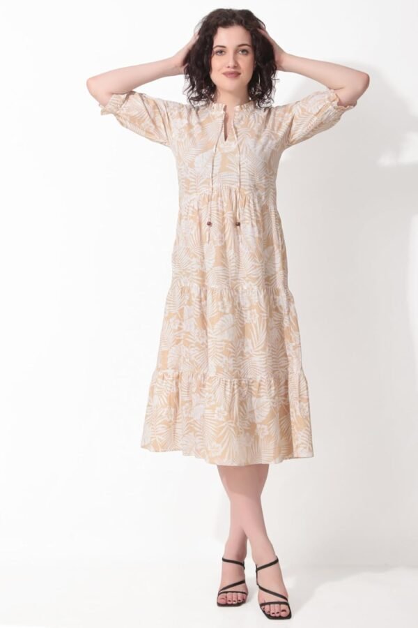 Seryeon® Women's Viscose Tie-up Neck Puff Sleeve A-line, One Piece Midi Dress for Women Stylish Western Printed Dress