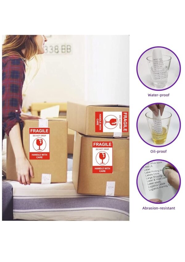 True-Ally Large Fragile Stickers - 100 x 150mm (4x6 inch) Strong Adhesive Red Labels Handle with Care Sticker Warning for Shipping Packing of Goods and Moving (1 Roll - 100 Sticker)