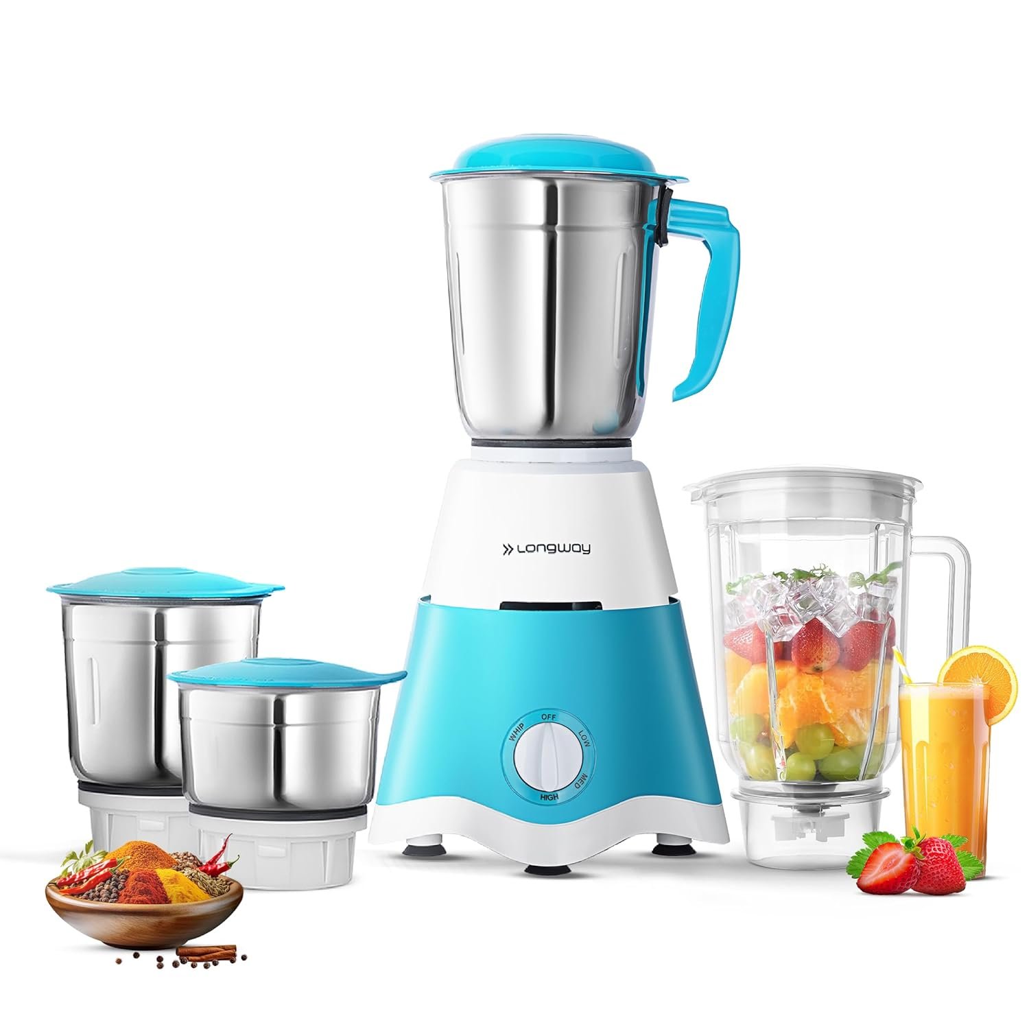 Longway Super Dlx 750 Watt Juicer Mixer Grinder with 4 Jars for Grinding, Mixing, Juicing with Powerful Motor | 1 Year Warranty | (White & Blue, 4 Jars)