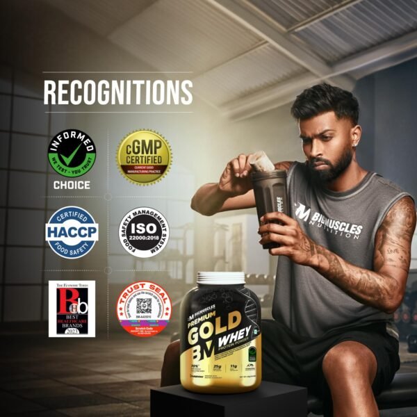 Bigmuscles Nutrition Premium Gold Whey [1Kg] | Informed Choice UK Certified | Isolate Whey Protein Blend | 25g Protein | 11g EAA | ProHydrolase Enzyme Technology [Chocolate]