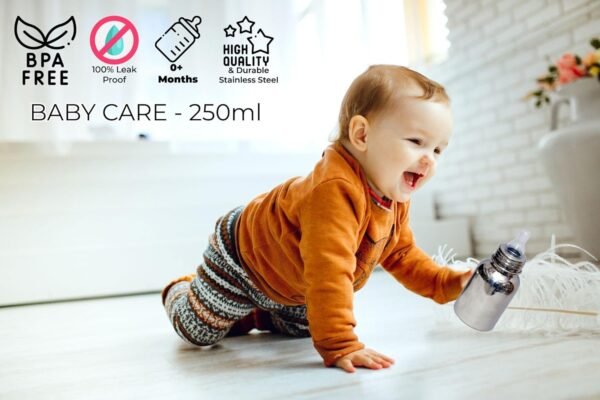 sunlife - BabyCare Stainless Steel Infant Baby Feeding Bottle | Milk Bottle for New Born Baby - Capacity 250 ml - Joint Less 304 Grade, BPA Free (Silver) (BabyCare 250ml)